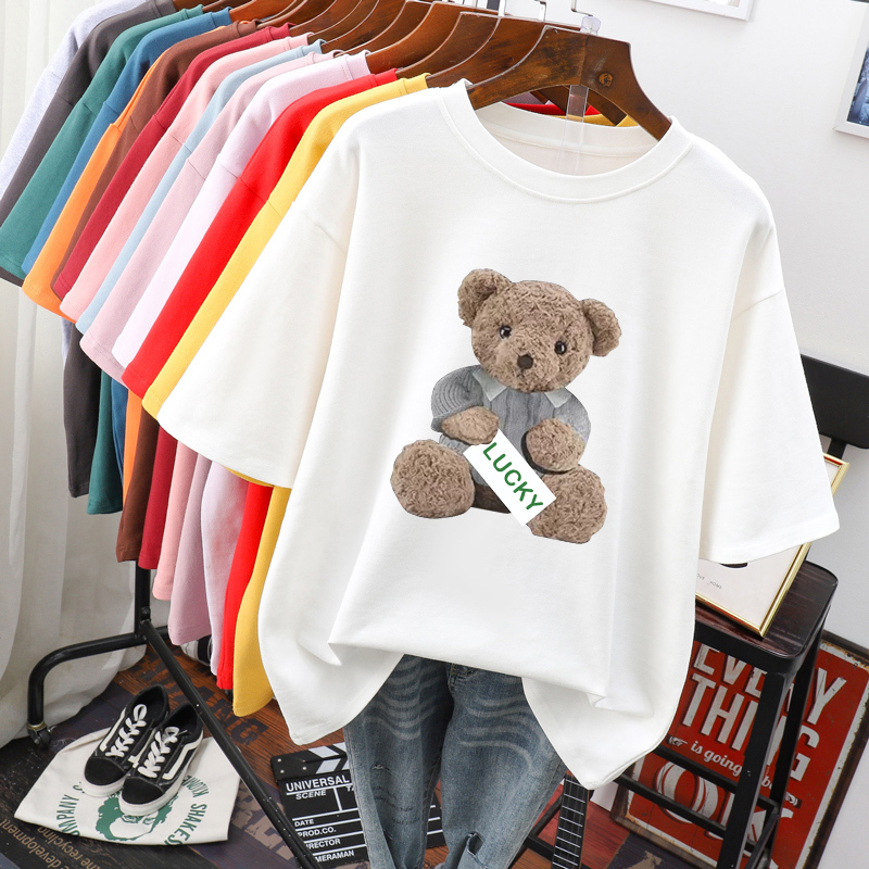 Bear T-Shirt for Women, Short-Sleeved, 2026 Summer New Style, Trendy Oversized Loose Fit, Regular Shoulder Half-Sleeve Cotton Top