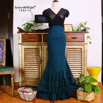 品牌弗拉明戈Flamenco舞裙新款莫代尔人棉接蕾丝包臀舞蹈裙ENN09