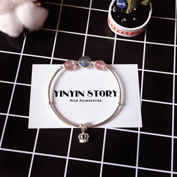 YINYIN CÂU CHUYỆN ■ tự nhiên tinh thể dâu tây moonstone thạch anh tím trắng bracelet sterling silver bracelet đột quỵ đào mật ong bạn gái