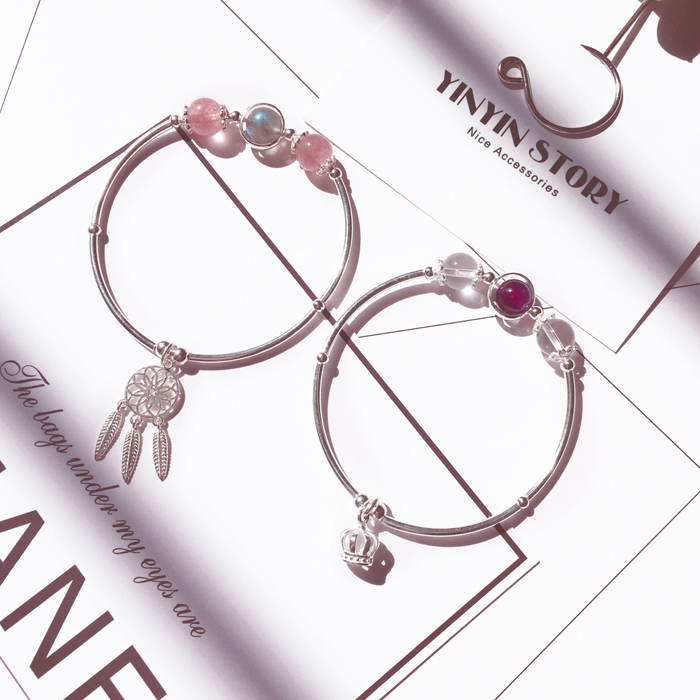 YINYIN CÂU CHUYỆN ■ tự nhiên tinh thể dâu tây moonstone thạch anh tím trắng bracelet sterling silver bracelet đột quỵ đào mật ong bạn gái