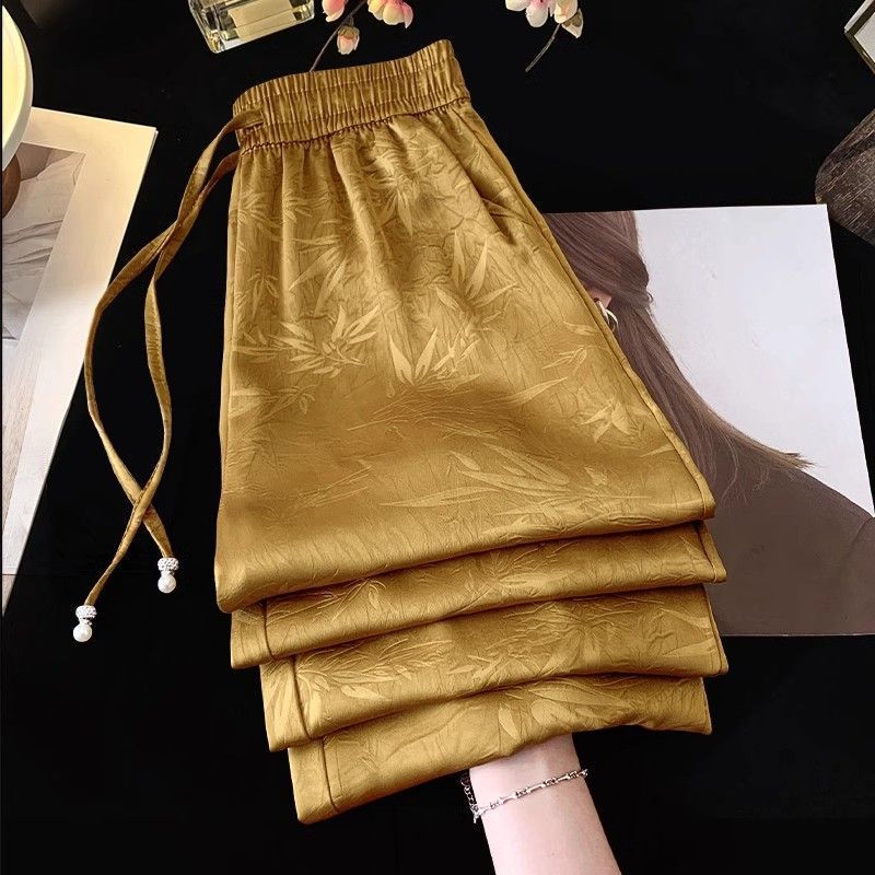 High-End Acetate Satin Ice Silk Wide-Leg Pants for Women, Summer Thin Style 2025, High-Waisted Straight Pants with Chinese-Style Print, Sun-Protective Pants