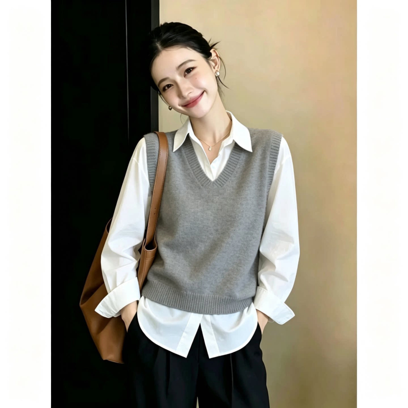 Short V-Neck Knitted Vest for Women, Korean Style, Layered Sleeveless Sweater, Soft Outerwear