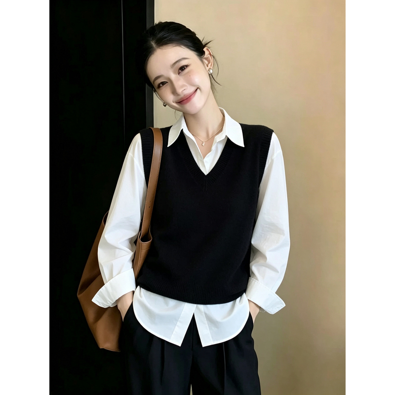 Black V-Neck Knitted Vest for Women, Autumn and Winter Professional Wear, Layered Shirt, Sleeveless Vest, Sweater, Waistcoat Top