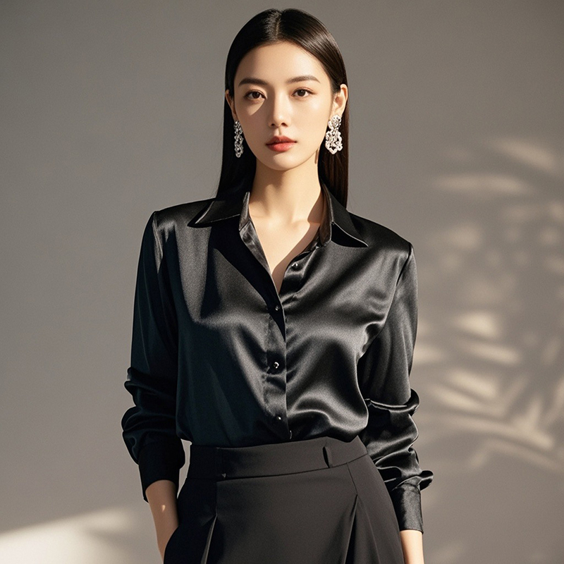 Acetate Satin Silk Shirt for Women, New Spring and Autumn Style, High-End and Elegant Top, Slimming and Versatile Black Shirt for Petite Figures