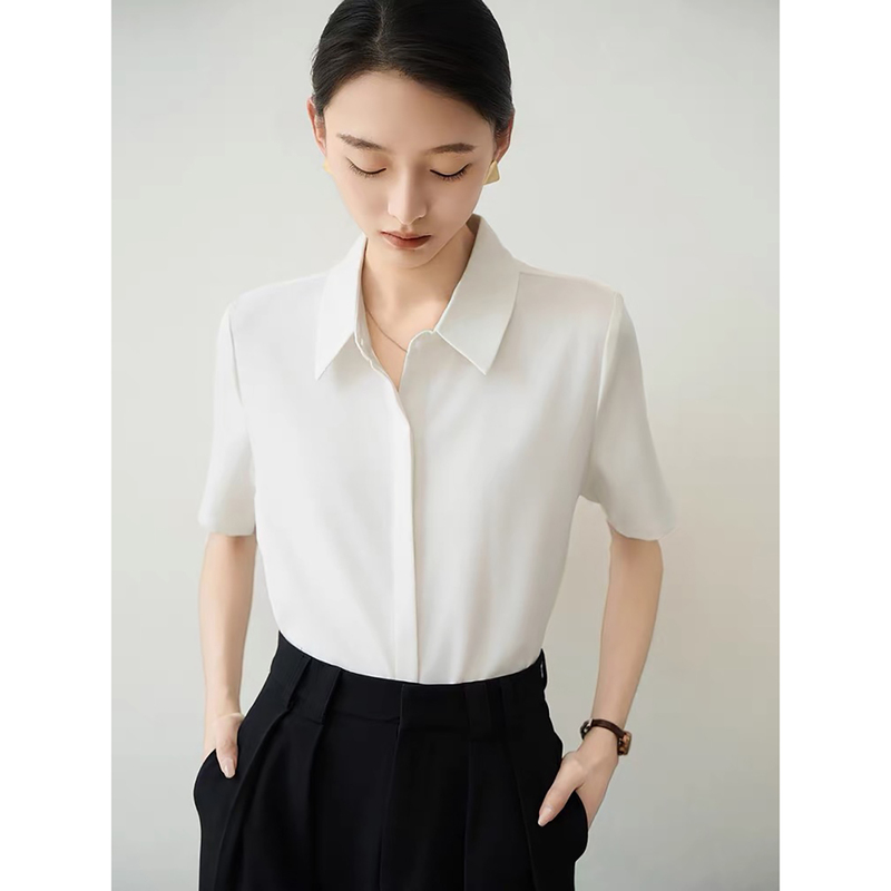 Satin White Shirt for Women 2026 New Summer Short-Sleeved Workplace Workwear Top for Hotel Front Desk Interviews