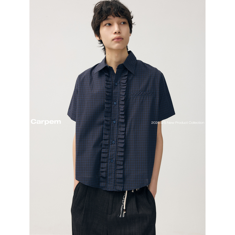 Coke Life Carpem'Lace Decoration' Pure Cotton Retro Plaid Loose Casual Design Short-Sleeved Shirt