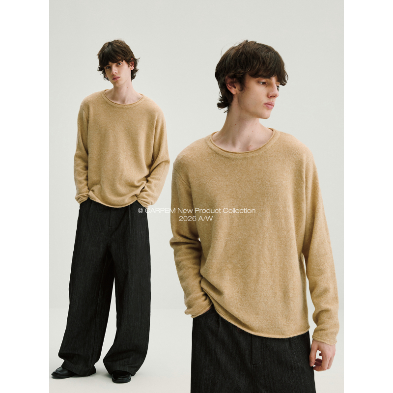 Coke Life Carpem Autumn and Winter Raccoon Fur Rolled Edge Round Neck Relaxed Lazy Knit Basic Long Sleeve Sweater