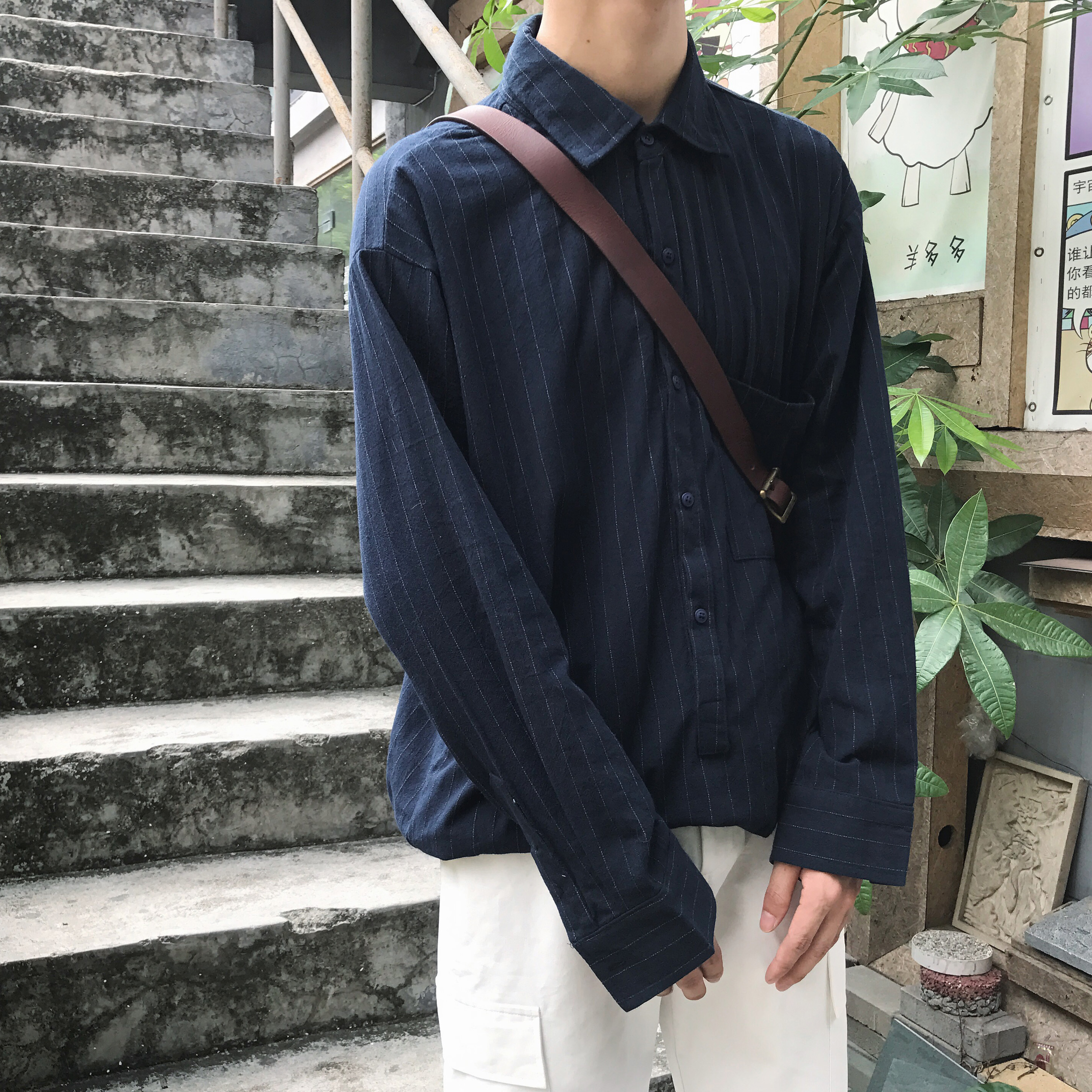yaokola/秋季新品日系文艺复古棉亚麻纯色宽松条纹长袖休闲衬衫男