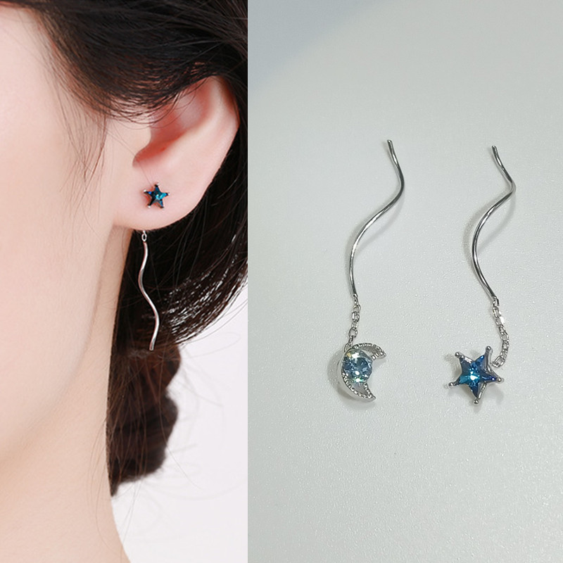 s925 Silver Blue Drilling Five-pointed Star Moon Ear Necklace Women Inlaid Drilling Flow Suearrings Shorts Net Red Small Earrings Supersens
