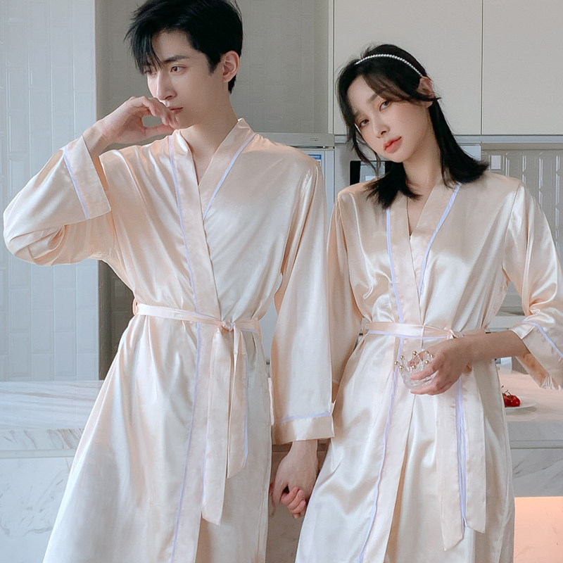 Spring and Autumn Couple's Silk Nightgown Bathrobe, Feminine Silk Pajamas, Nightdress, Summer Men's Long-Sleeved Home Wear Set Spring and Autumn Couple's Silk Nightgown Bathrobe, Feminine Silk Pajamas, Nightdress, Summer Men's Long-Sleeved Home Wear Set
