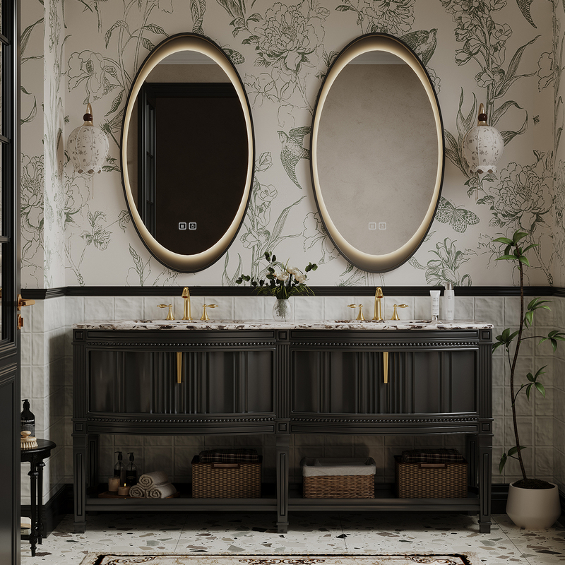 Imported Luxury Stone High-End French-Style Vintage Floor-Standing Bathroom Cabinet Set with Double Basin and Smart Mirror