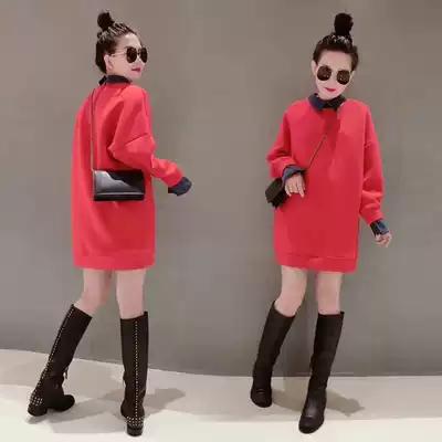 European station medium and long version of the sweater women's spring and autumn 2021 new European goods red pullover long-sleeved loose fake two-piece top