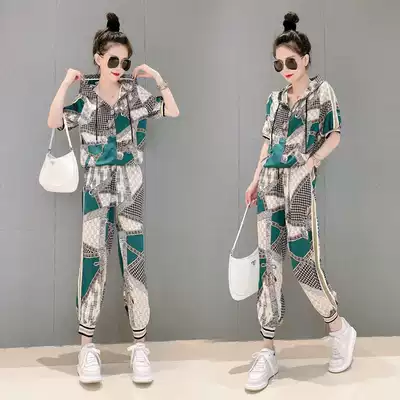European trousers sports suit women's summer 2021 new fashion printed short-sleeved hooded loose t casual two-piece
