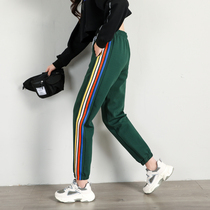 Contrast color sweatpants womens loose bunch feet nine-point small casual pants spring and autumn thin Joker ins tide