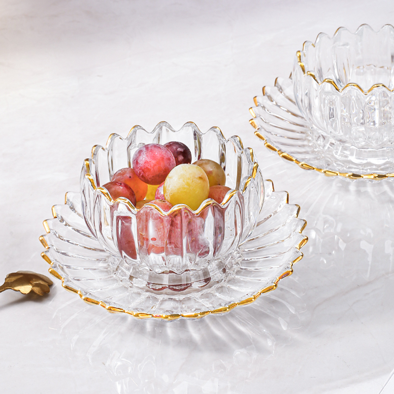 Lotus Fruit Plate European Style Personalized Crystal Glass Fruit Plate Salad Bowl Modern Household Light Luxury Candy Bowl Snack Plate