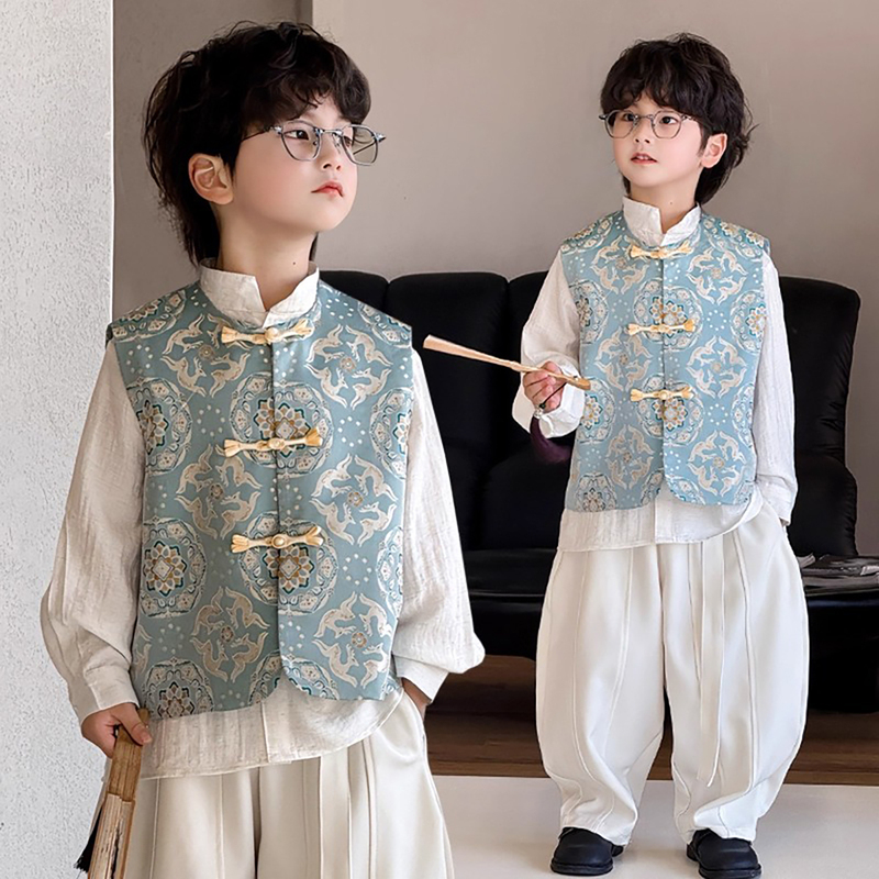 French Uamtor Children's New Chinese-Style Vest, Spring and Autumn Boys' Tang Suit Shirt Set, Stylish Boys' Trendy Outfit