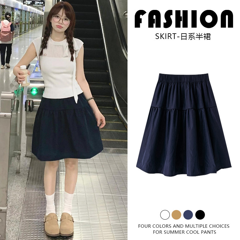 女性用和風ネイビーブルーミディスカート、2026年夏新作、ハイウエスト、スリムに見えるAラインショートスカート、小柄な女性向けの五本指傘スカート。