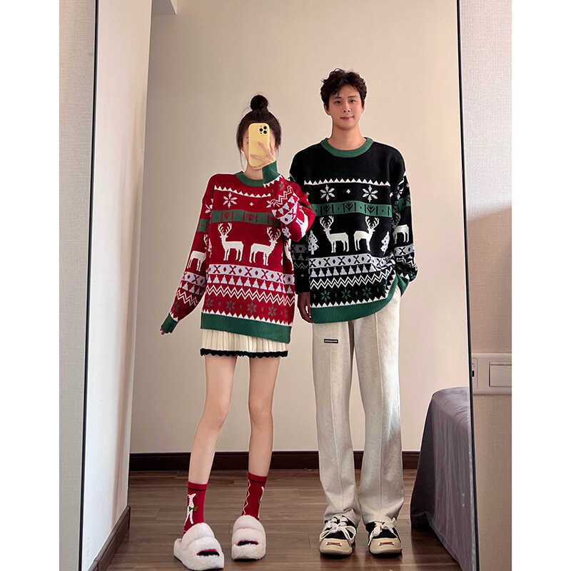 Christmas-Themed Outfits for Couples, Autumn and Winter 2025 New Knitwear Sweaters, Red Reindeer Christmas Jerseys