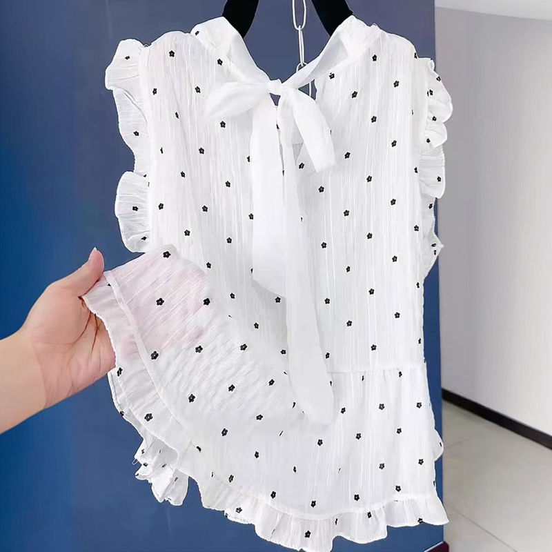 French-Style High-End Versatile White Top for Women 2025 Summer Round Neck Sleeveless Bow Ruffle Blouse