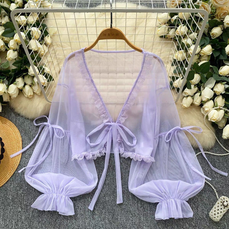 Sweet Lace-Up Lace Patchwork Lantern Sleeve Mesh Jacket for Women, Thin See-Through Chiffon Shawl, Women's Sun Protection Shirt
