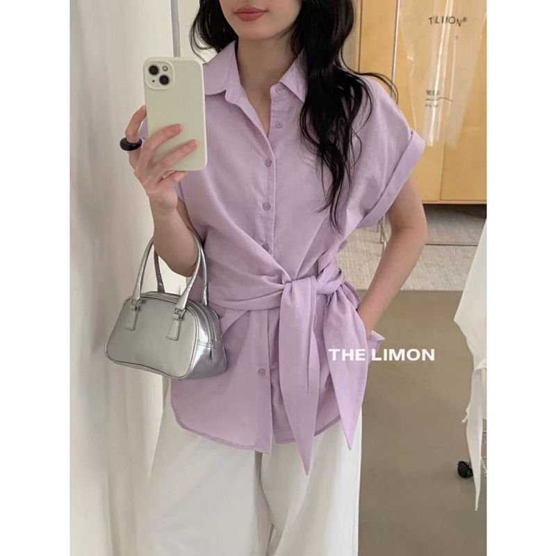 Lace-Up Waist-Cinching Short-Sleeved Shirt for Women, Slimming, Summer Hong Kong Style, Retro, Internet Celebrity, Unique Design, Tie-Up, Elegant Top