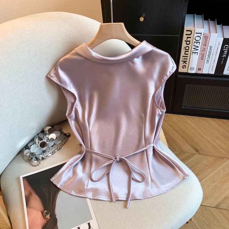 Glossy Acetate Satin Sleeveless Shirt for Women, New Summer Style, High-End, Elegant, Lace-Up Waist, Small Flutter-Sleeve Top