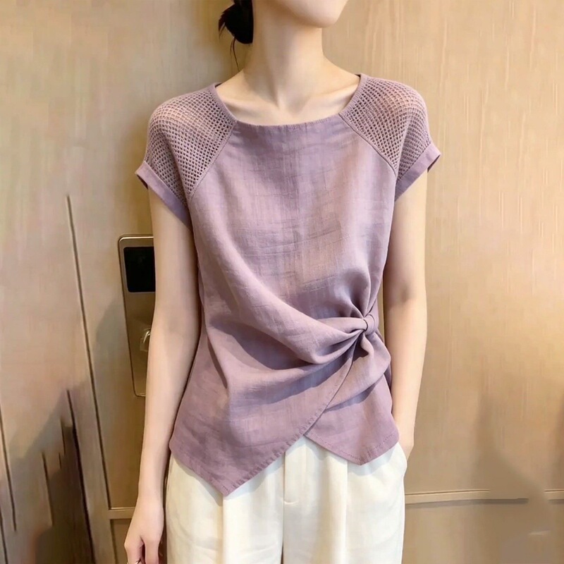 Design-Conscious, Unique Twisted Purple Top for Women, New Summer Short-Sleeved Irregular Shirt, Chic and Beautiful Blouse Design-Conscious, Unique Twisted Purple Top for Women, New Summer Short-Sleeved Irregular Shirt, Chic and Beautiful Blouse