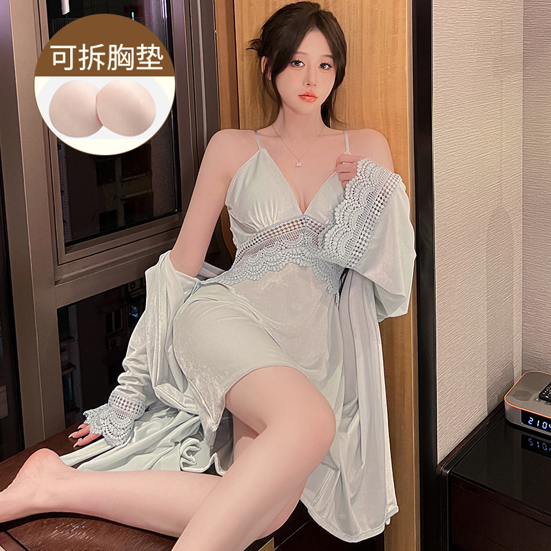 Sleepwear Skirt Woman Autumn Winter Sexy Gold Velvet Pure Desire Wind 2023 New Winter With Chest Cushion Lace Harness Home Conserved-Taobao