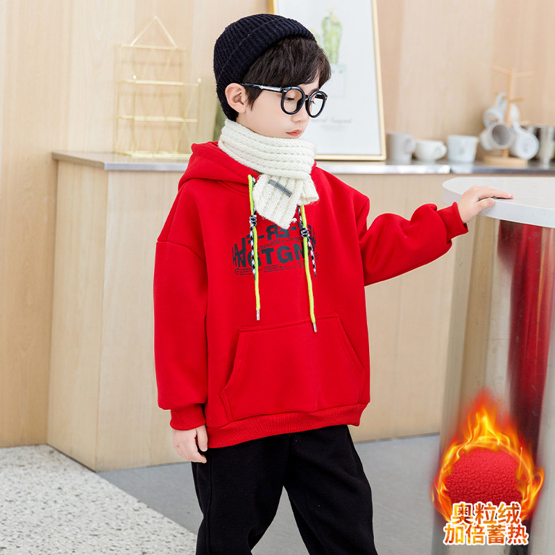 Boys winter plus velvet thick cotton T children's pullover solid color top in the big children's hooded one velvet bottoming shirt tide