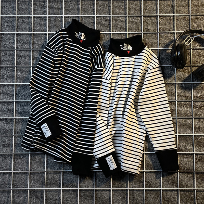 Boys and girls half turtleneck bottoming shirts children's striped thermal tops middle-aged children spring and autumn all-match cotton T-shirts constant temperature t