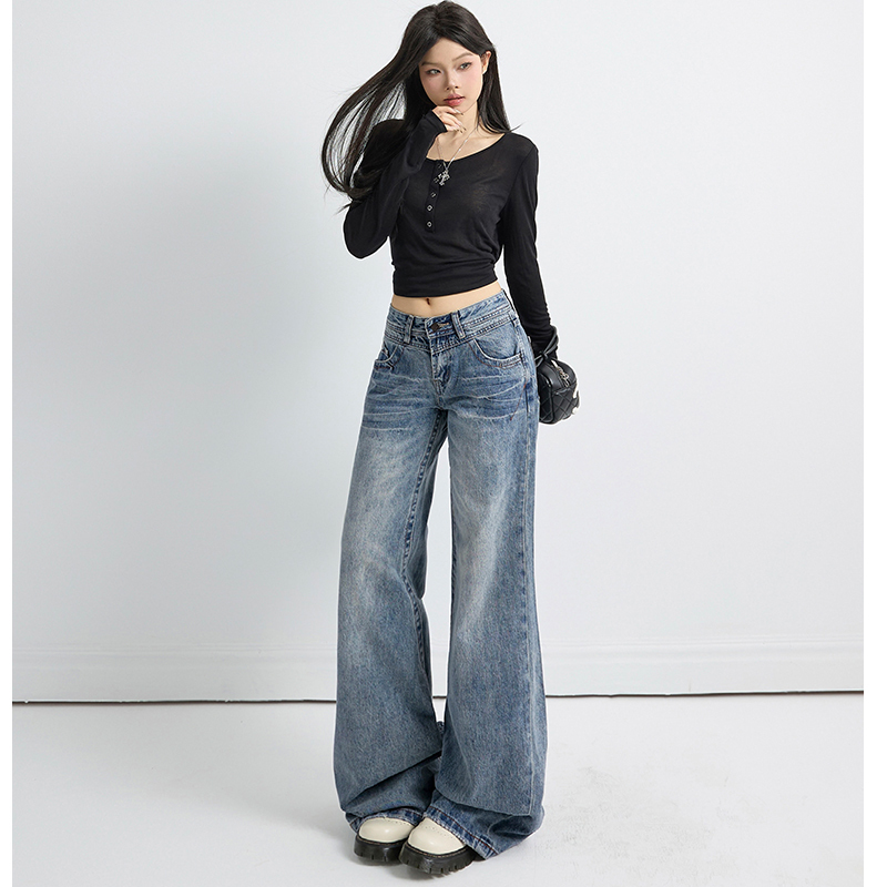 Jklmvc Retro Low-Waisted Wide-Leg Jeans for Women 2026 Autumn New Loose Slimming Drapey Flared Floor-Length Pants