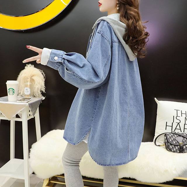 Denim shirt jacket women's 2023 spring new mid-length hooded top loose all-match lazy wind shirt