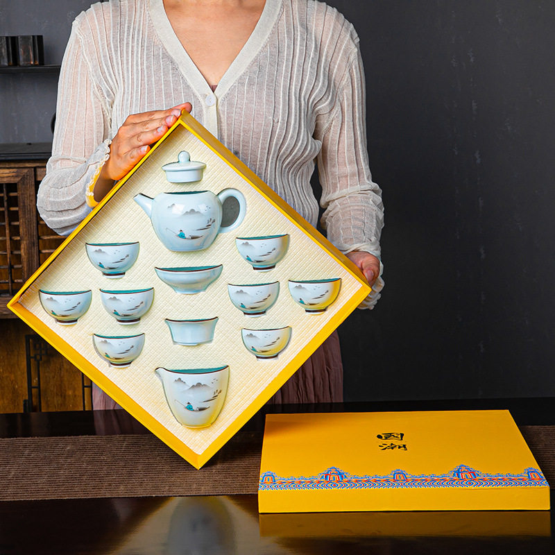 Green Porcelain Kung Fu Ceramic Tea Set Group Custom LOGO Real Estate Insurance Opening Gift Upscale Business Middle Autumn Gift