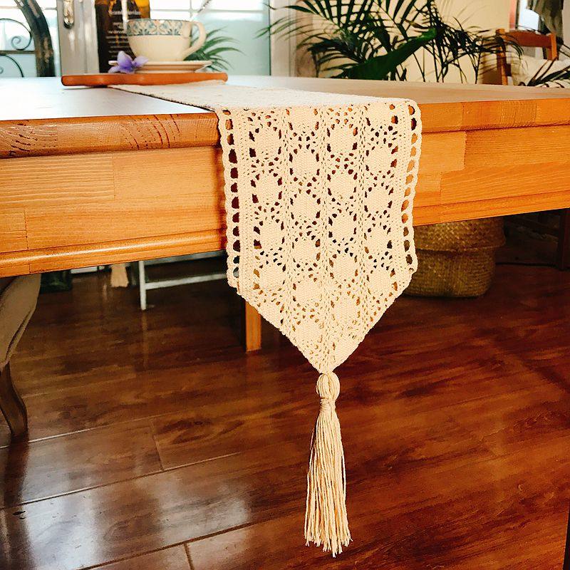 Blue Autumn Original Nordic Day Style Pure Cotton Thread Woven Hollowed-out Table Flag Tablectable Cloth Table Mat Tea Mat Folk Bed Flag American