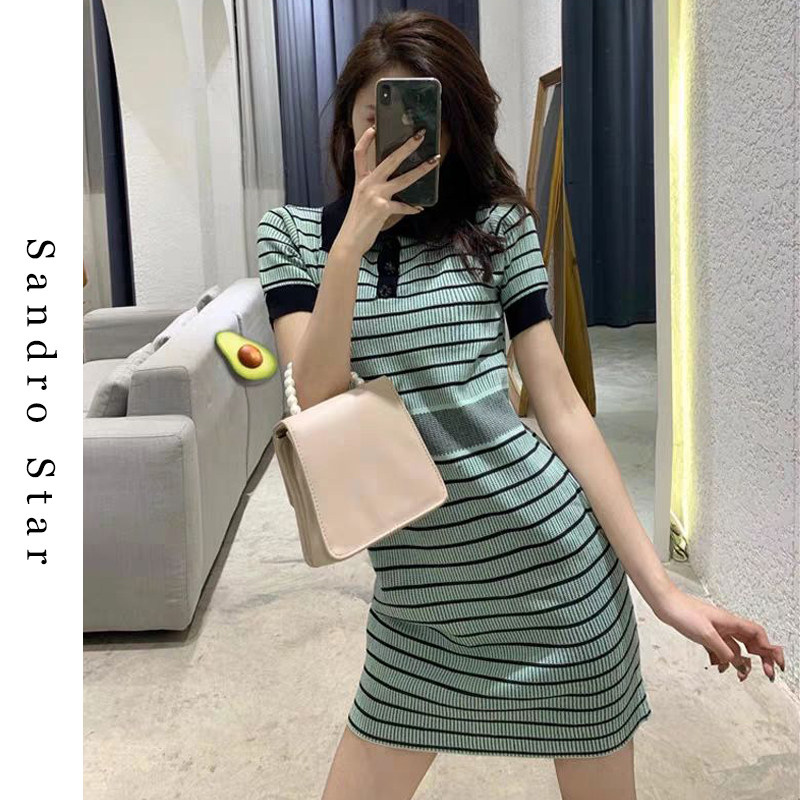 Sandro Star Fab-style small fragrant wind knit foreign dress Women summer closedown polo polo collar striped short dress