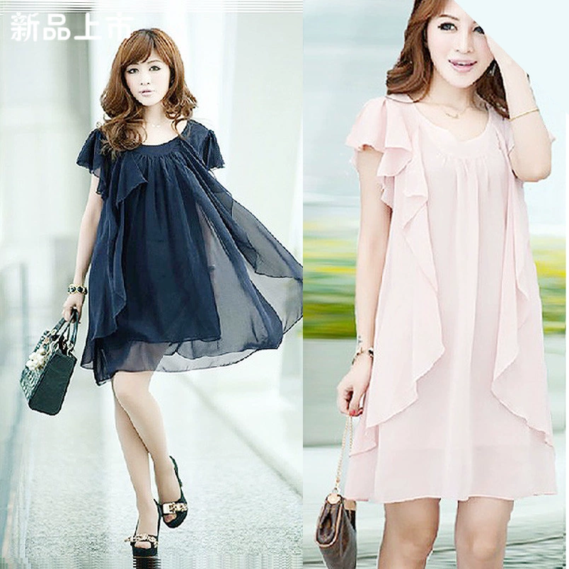 Màu đen rắn màu mùa hè giữa phụ nữ dài rộng cỡ lớn váy chữ A váy voan ngắn tay chị béo 200 kg - A-Line Váy