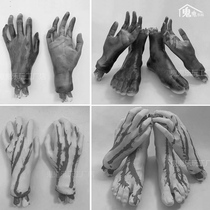 Halloween costume dressed as ghost house interiors escape terror adorned prosthetics scar mutilated and broken hands and hands and hands and props.