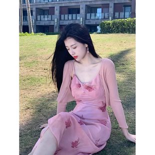 ピンクのショール日焼け止めアイスシルクニットカーディガン女性のための夏のショートサスペンダースカートとブラウス薄いチュールトップ