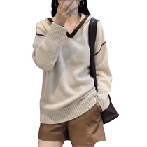 Autumn and winter style design color block hooded sweater womens fashion loose v-neck slim casual versatile long-sleeved top