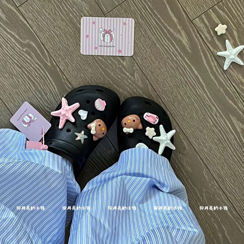 Pink Starfish Black Leather Kitty 3D Original Design Matching Clog Shoe Flower DIY Accessory Decorative Shoe Buckle