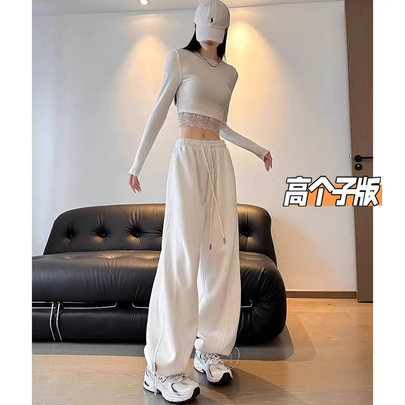 Tall Women's Extra-Long White Sports Wide-Leg Pants for Spring and Autumn, High-Waisted, Elongated, Slim-Fit, Floor-Length, Cuffed Straight-Leg Sweatpants Tall Women's Extra-Long White Sports Wide-Leg Pants for Spring and Autumn, High-Waisted, Elongated, Slim-Fit, Floor-Length, Cuffed Straight-Leg Sweatpants