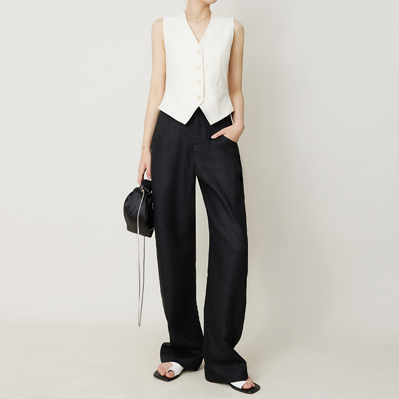 Zhuang Zhou Spring and Summer High-Waisted Black Linen Breathable Wide-Leg Pants Curved Banana Pants Women's Extra-Long Casual Pants