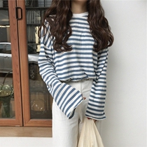 Long-sleeved women with denim wide-leg pants overalls with top size striped spring and autumn tops
