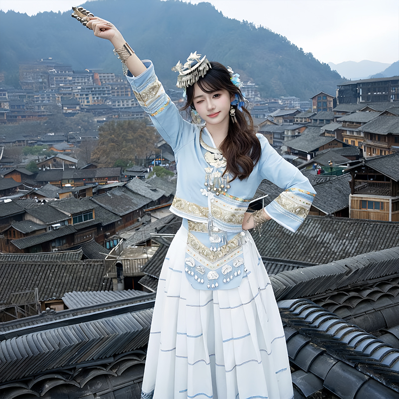 New Miao Ethnic Minority Clothing for Girls, Miao Region Adult Miao Village Photography Travel Photography Dance Performance Set Long Skirt