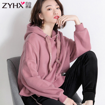 Free Breathing Short Thick Plus Velvet Sweater Women 2019 New Autumn and Winter Loose High Waist Lazy Hooded Top