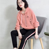 Free breathing 2019 spring new products literary fan fashion embroidered hooded harem pants long-sleeved casual suit