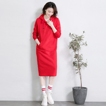 Free breathing 2019 autumn and winter clothing new plus velvet warm hooded mid-length over-the-knee red sweater dress female
