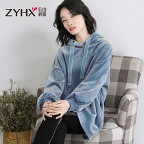Free breathing 2019 autumn and winter new trendy Korean loose double-sided gold velvet thickened mid-length hooded sweater women