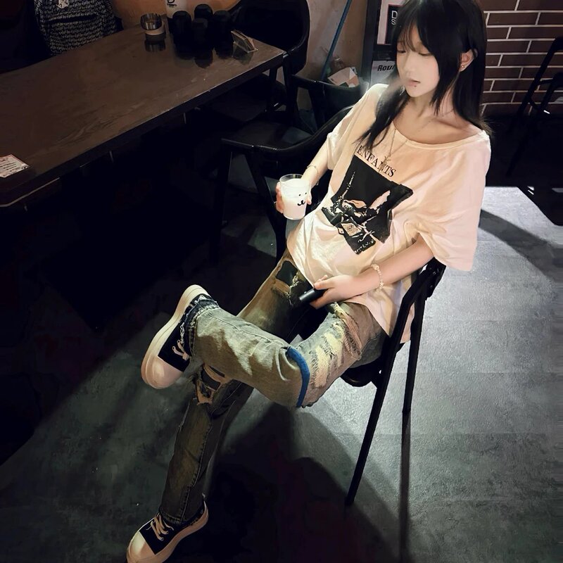 Street-Style Erd White Candlestick Short-Sleeve Shirt, Same Style as Li Shengjun, 160g Silk Screen Printing, Pure Cotton, Large Collar, Washed
