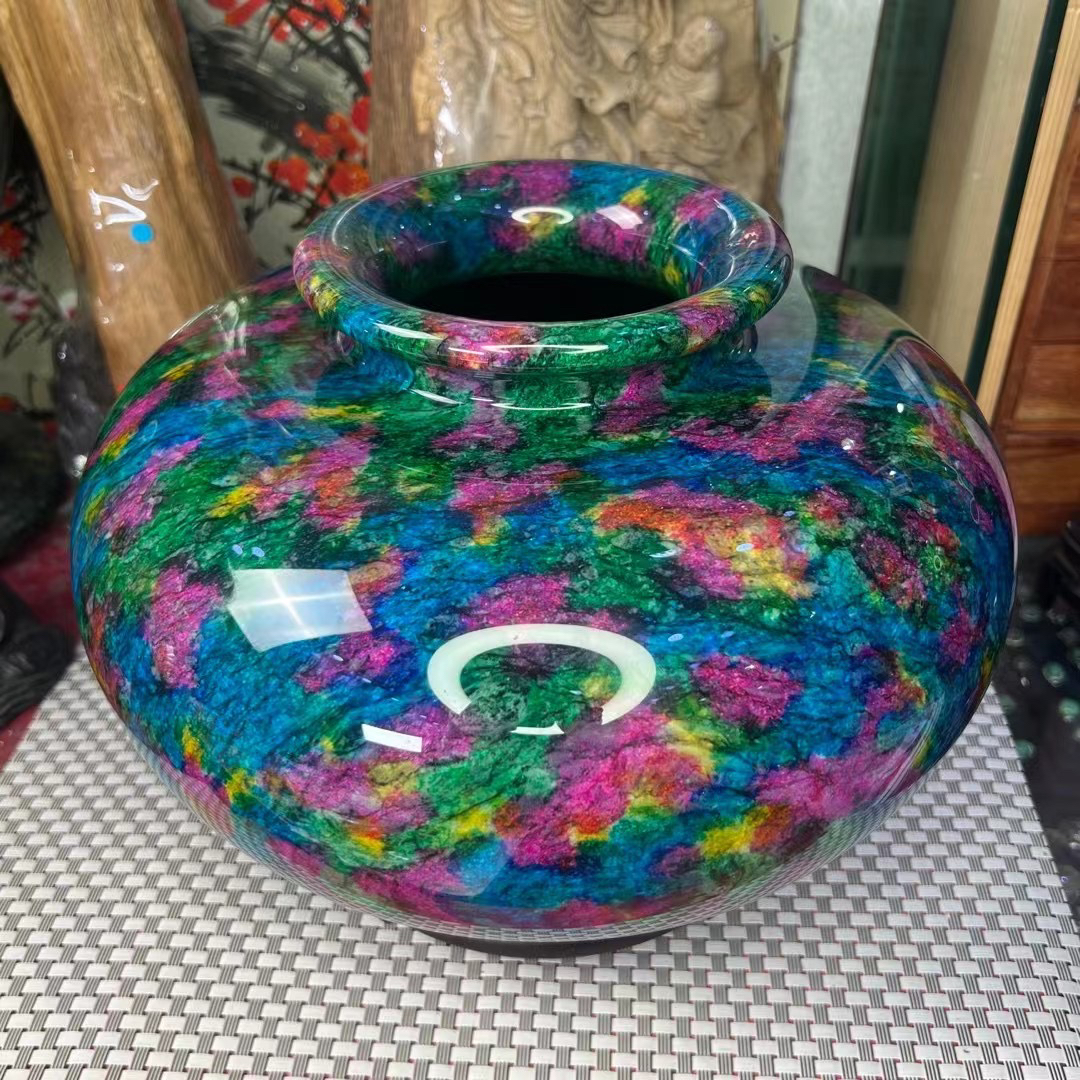 台湾七彩玉石聚宝盆摆件商务送礼客厅居家七彩玉花瓶室内家具中式